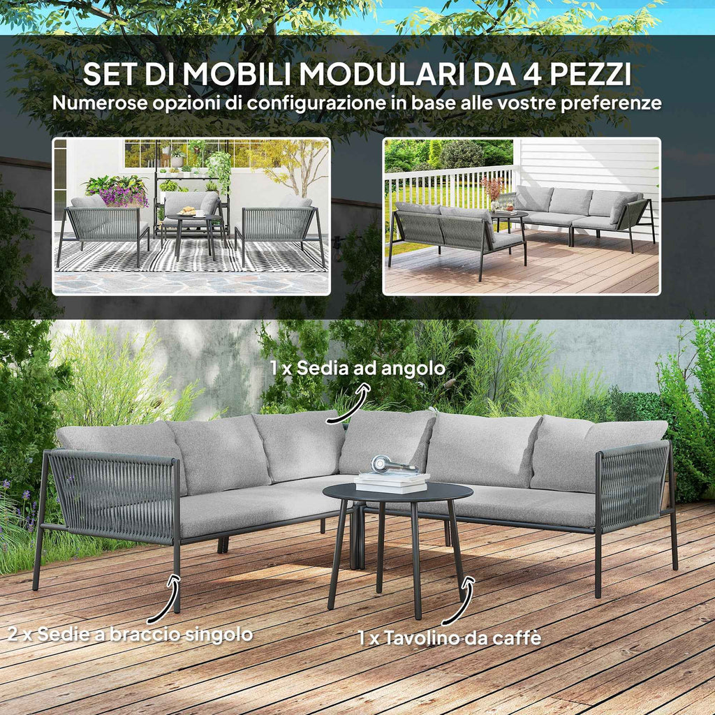 Outsunny Rattan Garden Lounge Set with Modular Corner Sofa, Coffee Table, and Cushions, Grey