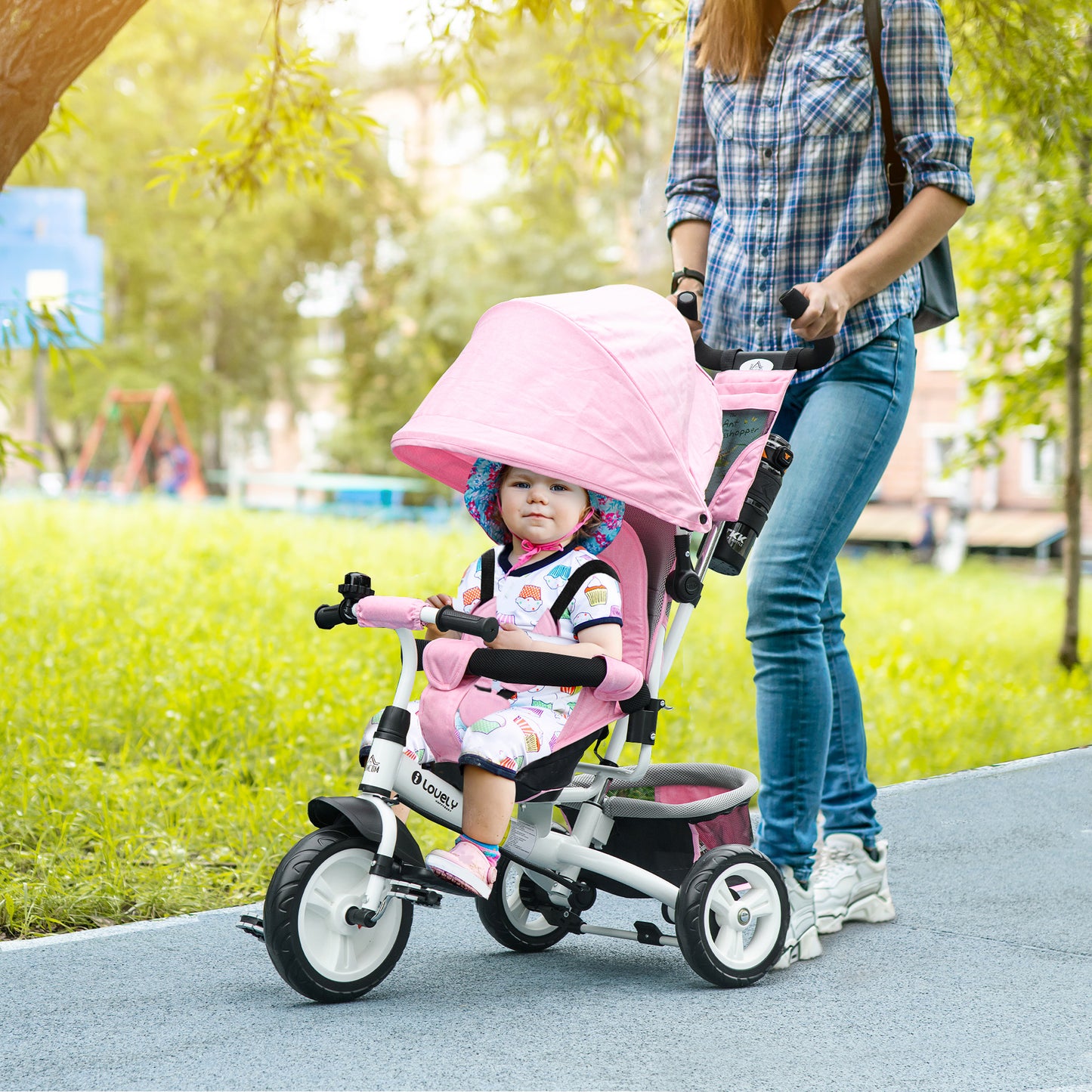 HOMCOM Tricycle for Children 1-5 Years with Handle and Adjustable Canopy, 102x49x102 cm, White and Pink - Borgè