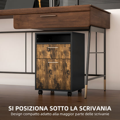 File Cabinet with Drawer and Shelf, 4 Wheels, 40x35x60cm, Brown and Black