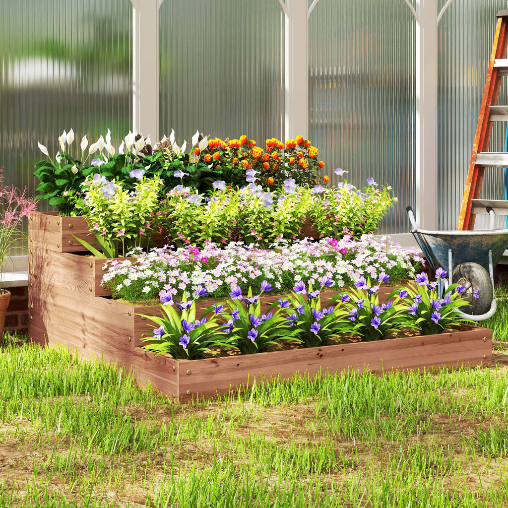 4-Level Raised Garden Bed in Fir Wood with Open Bottom, 113x113x46 cm, Brown