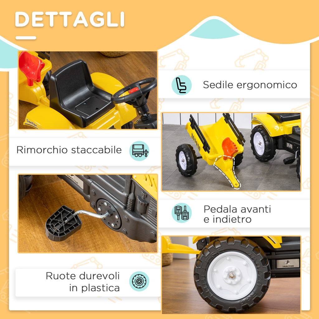 Pedal Tractor for Children from 3+ Years with Trailer, Rake, Shovel and Horn, Yellow