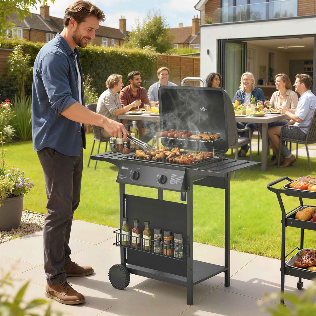 Outsunny Gas Barbecue, 2 Burners, Side Tables, Grease Tray, Black.