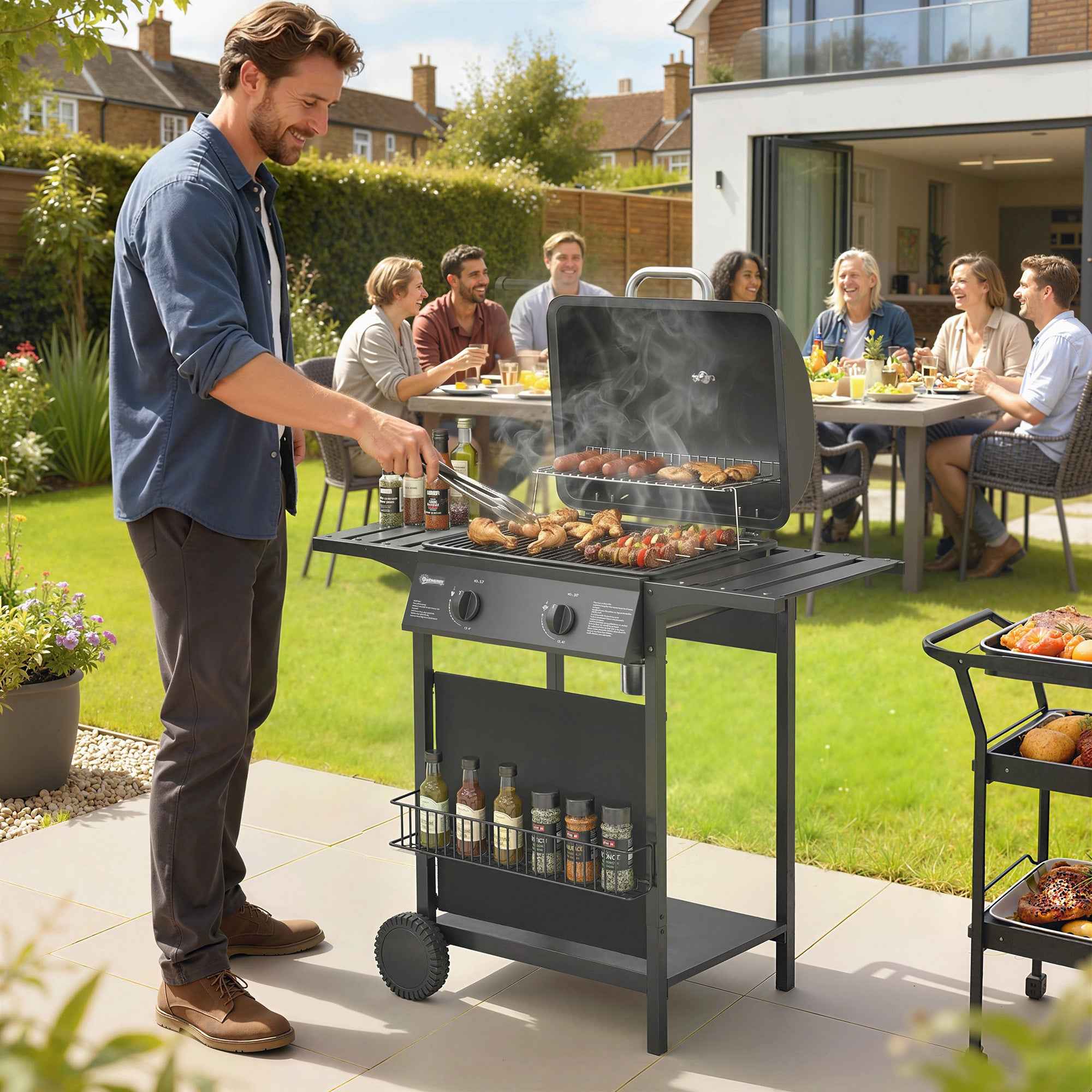 Outsunny Gas Barbecue, 2 Burners, Side Tables, Grease Tray, Black.