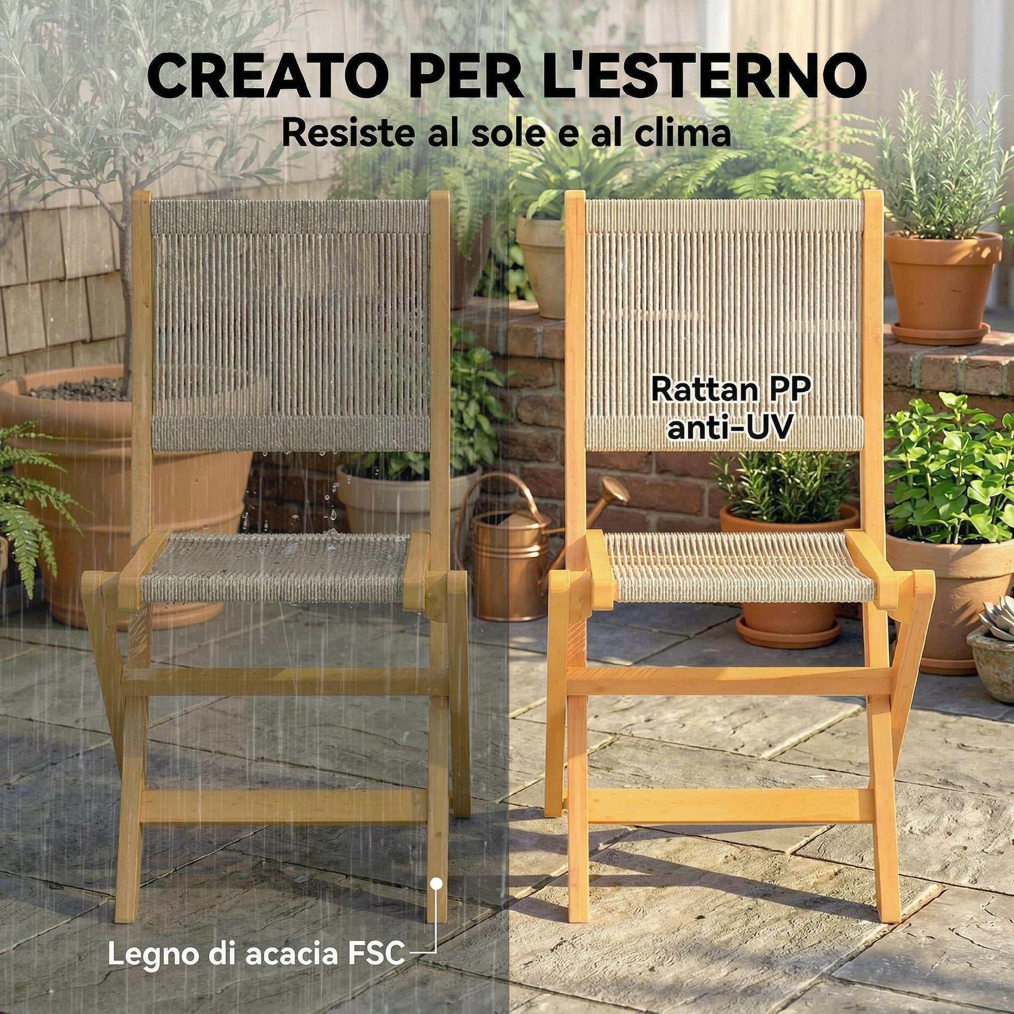 Outsunny Set of 2 Folding Garden Chairs in PE Rattan and Acacia Wood, Supports up to 160 kg, Beige