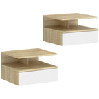 HOMCOM Set of 2 Floating Bedside Tables with Drawer and Open Shelf, 35x32x22.5 cm, White and Oak