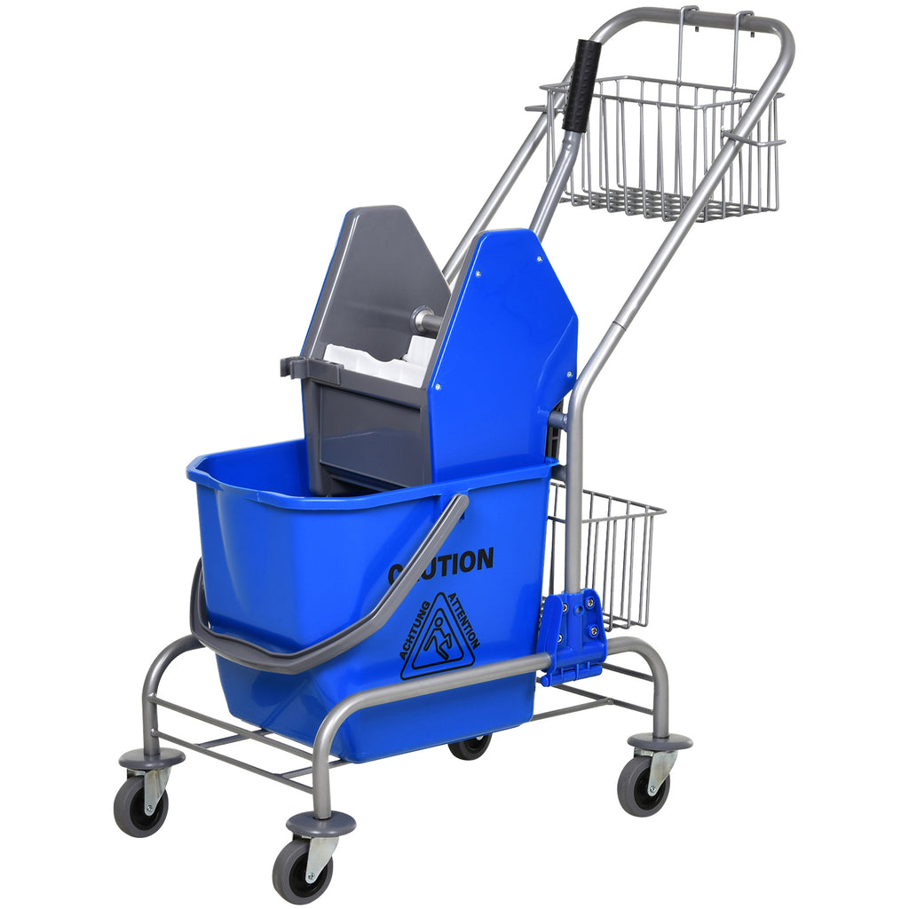 Professional Cleaning Trolley with 26L Bucket for Mop, Wringer and Mesh Baskets, Blue