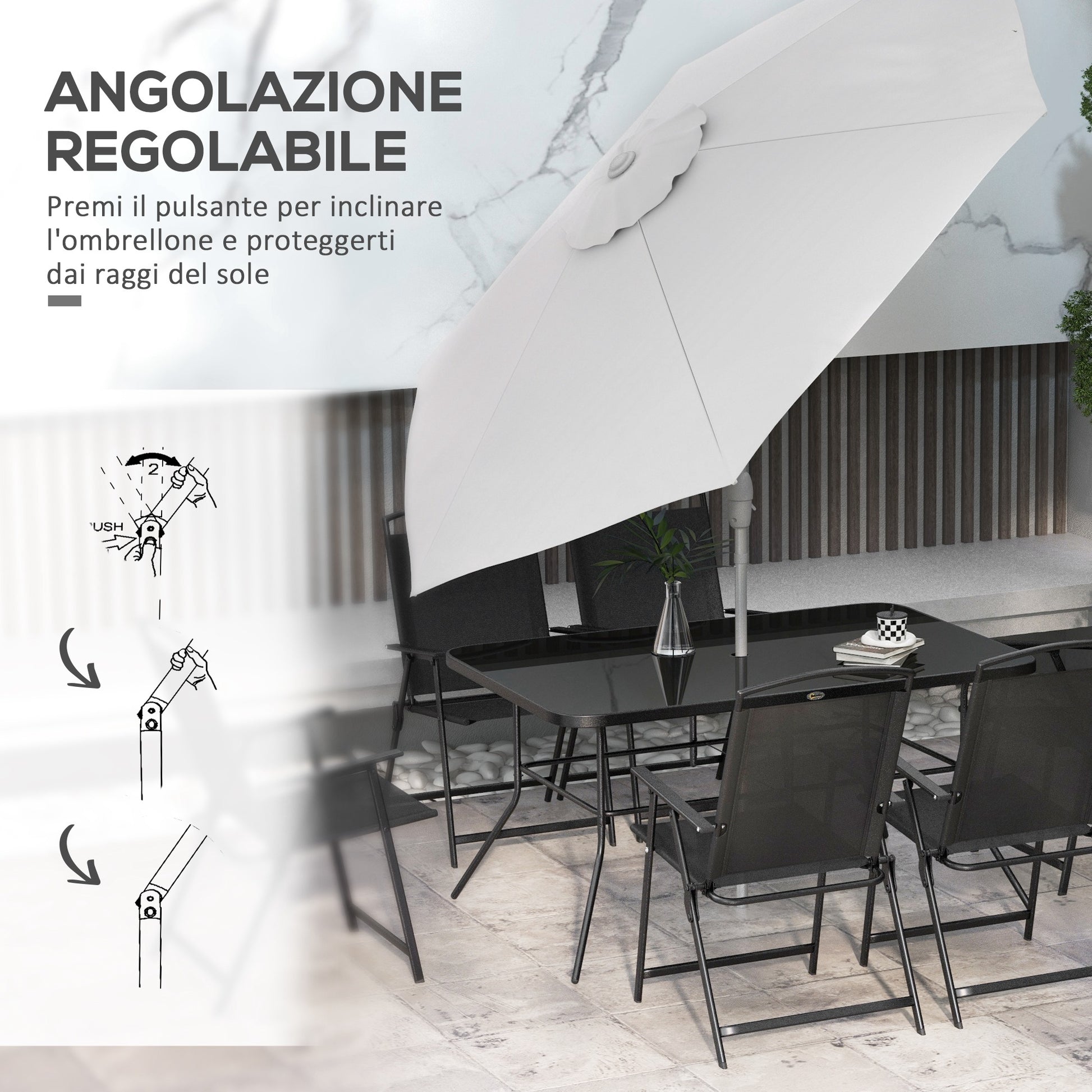 Outsunny Garden Set with Dining Table, 6 Folding Chairs and Crank Umbrella, Gray and Black - Borgè