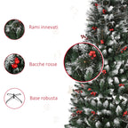 Snowy Christmas Tree with Red Berries, Removable and Foldable Base, 539 Branches, Φ70x180cm, Green