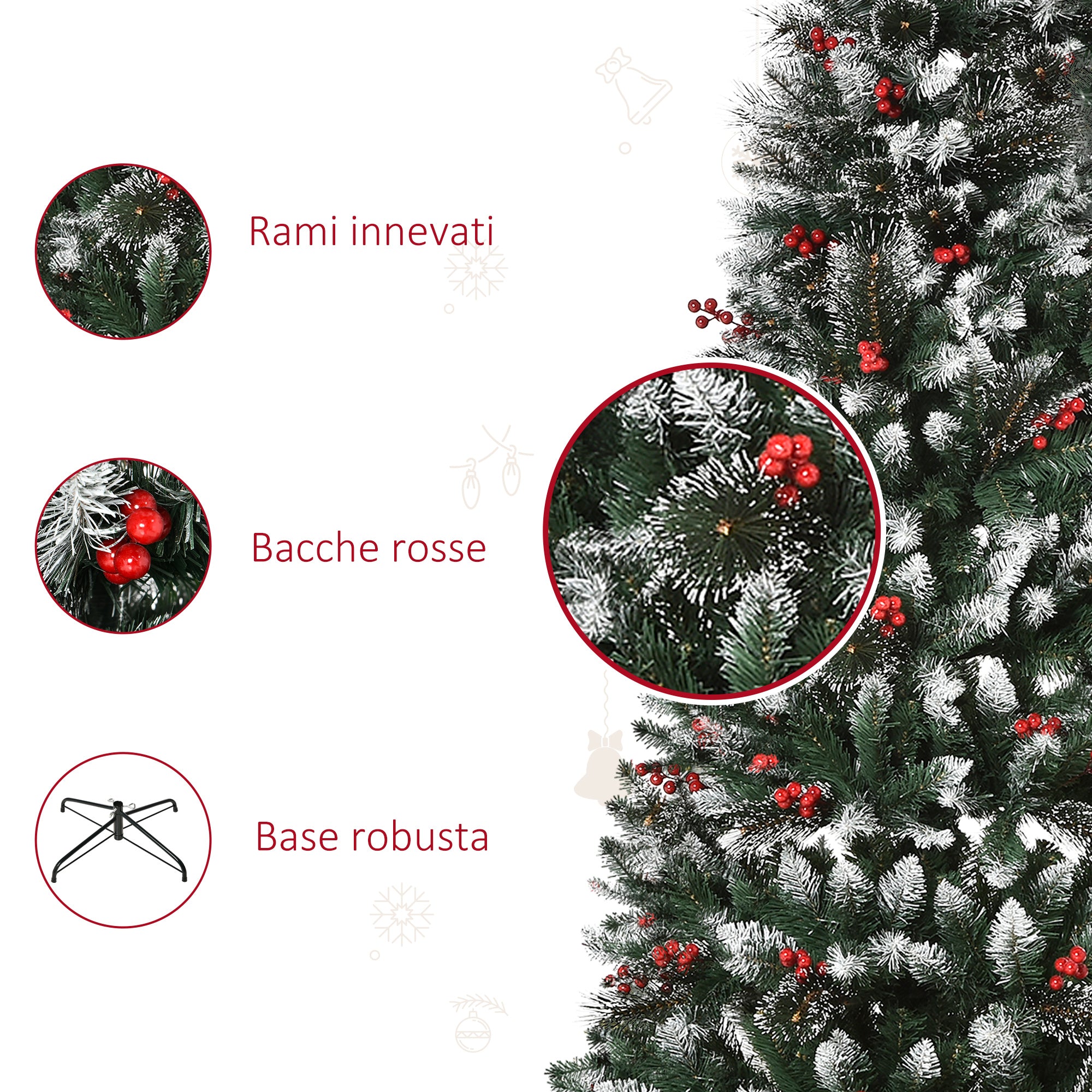 Snowy Christmas Tree with Red Berries, Removable and Foldable Base, 539 Branches, Φ70x180cm, Green