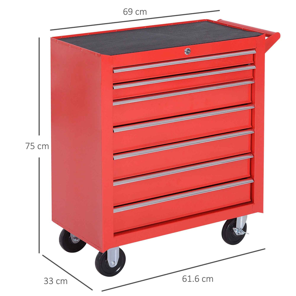 DURHAND Tool Cart with 7 Drawers, EVA Mats, Lock and 2 Keys, Wheels with Brakes, Handle, Red