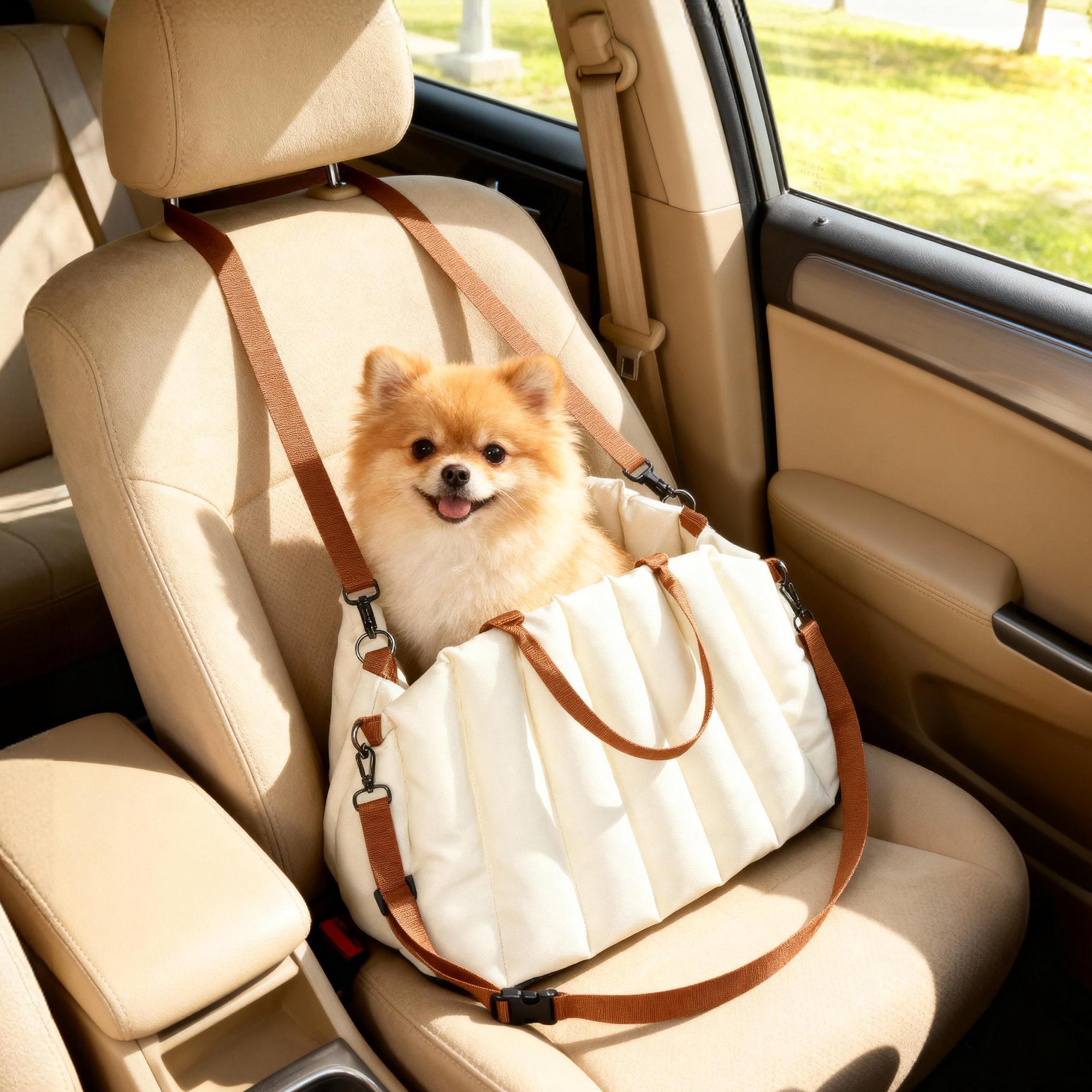 Small Dog Car Seat with Leash and Non-Slip Base, Convertible to Pet Carrier, Cream