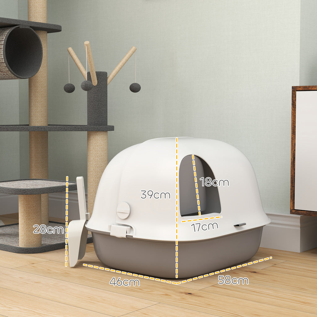 Closed Cat Litter Box with Cat Flap and Scoop, in PP, 58x46x39 cm, Light Gray and White