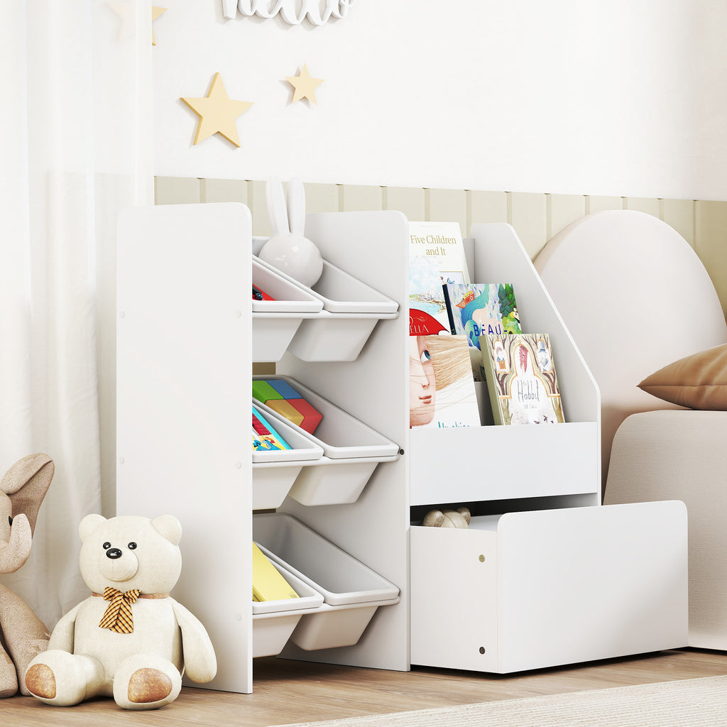 Toy Storage Shelf with 6 Baskets, 3 Shelves and Bottom Box, Made of Wood, Plastic and Steel, 100x30x80 cm, White