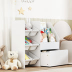 Toy Storage Shelf with 6 Baskets, 3 Shelves and Bottom Box, Made of Wood, Plastic and Steel, 100x30x80 cm, White