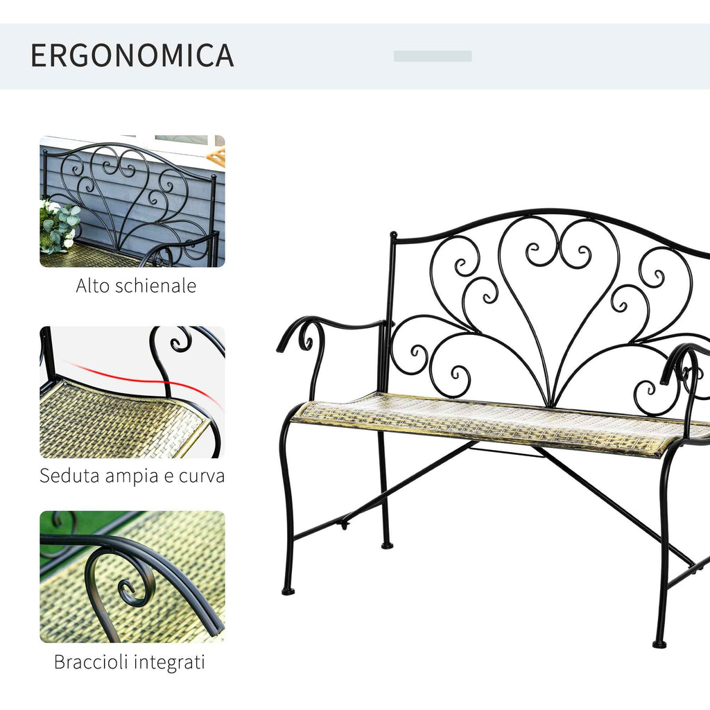 Outsunny Iron Garden Bench, Vintage Style 2-Seater Outdoor Bench, 100x 50x88cm, Black