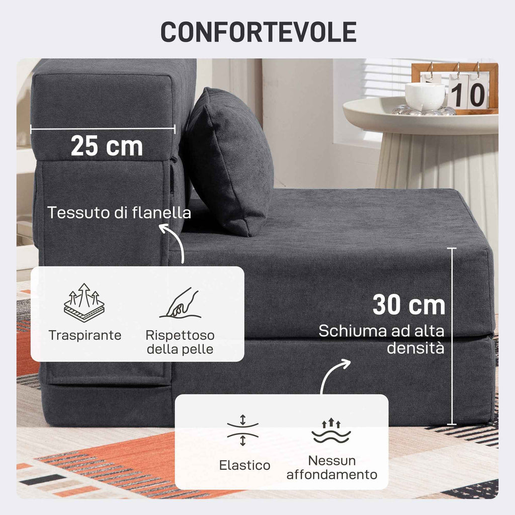 HOMCOM Folding Sofa Bed Convertible to Chaise Longue with Mattress, 80x80x64 cm, Dark Grey