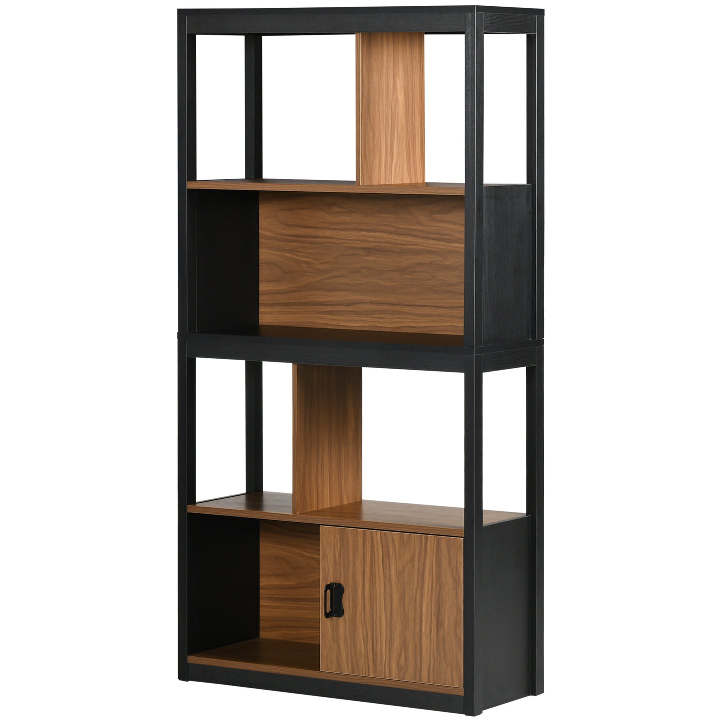 Bookcase Cabinet 4 Open Levels with Cabinet, in Chipboard and MDF, 76.5x30x150 cm, Brown and Black