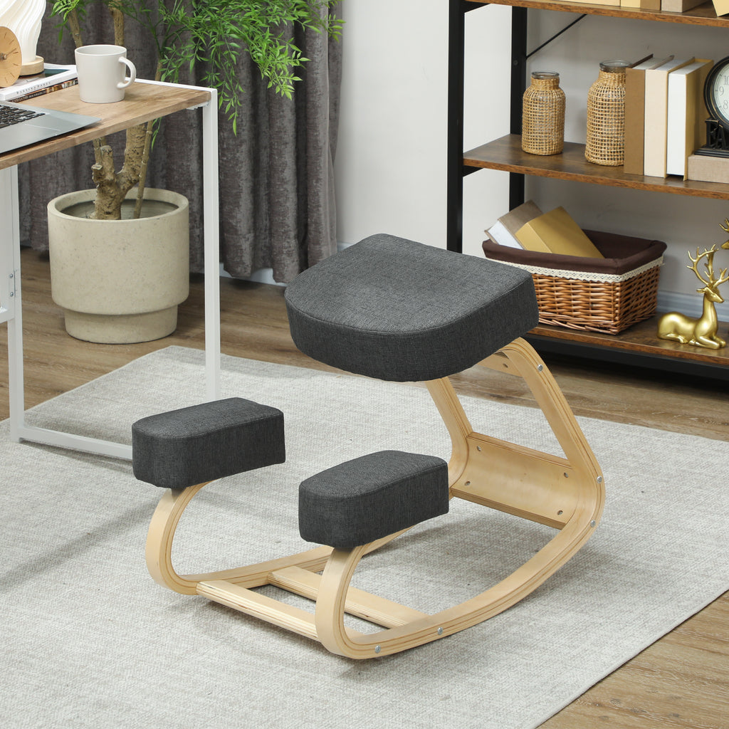 Ergonomic Kneeling Chair in Birch Wood and Cushion, 51x69x58 cm, Grey
