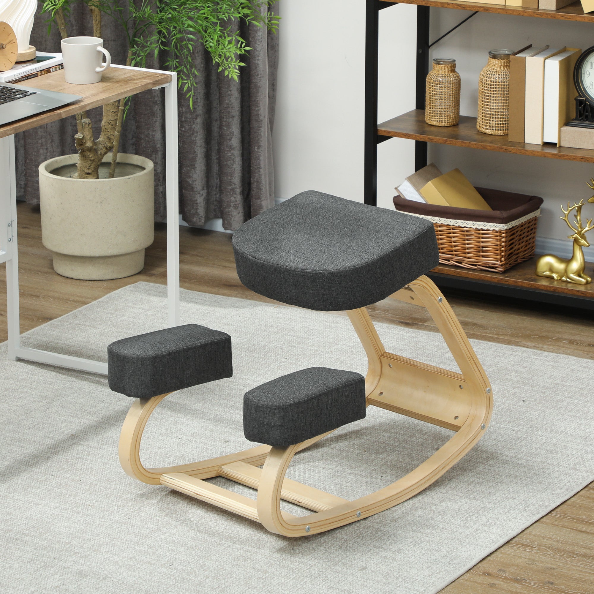 Ergonomic Kneeling Chair in Birch Wood and Cushion, 51x69x58 cm, Grey