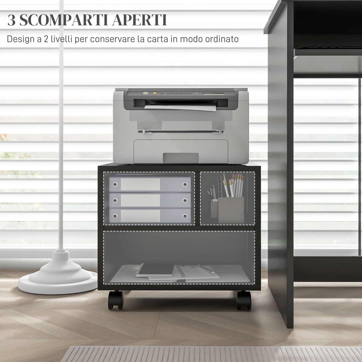 Printer Stand with 3 Compartments and Wheels for Office and Study, 40x30x36cm, Black