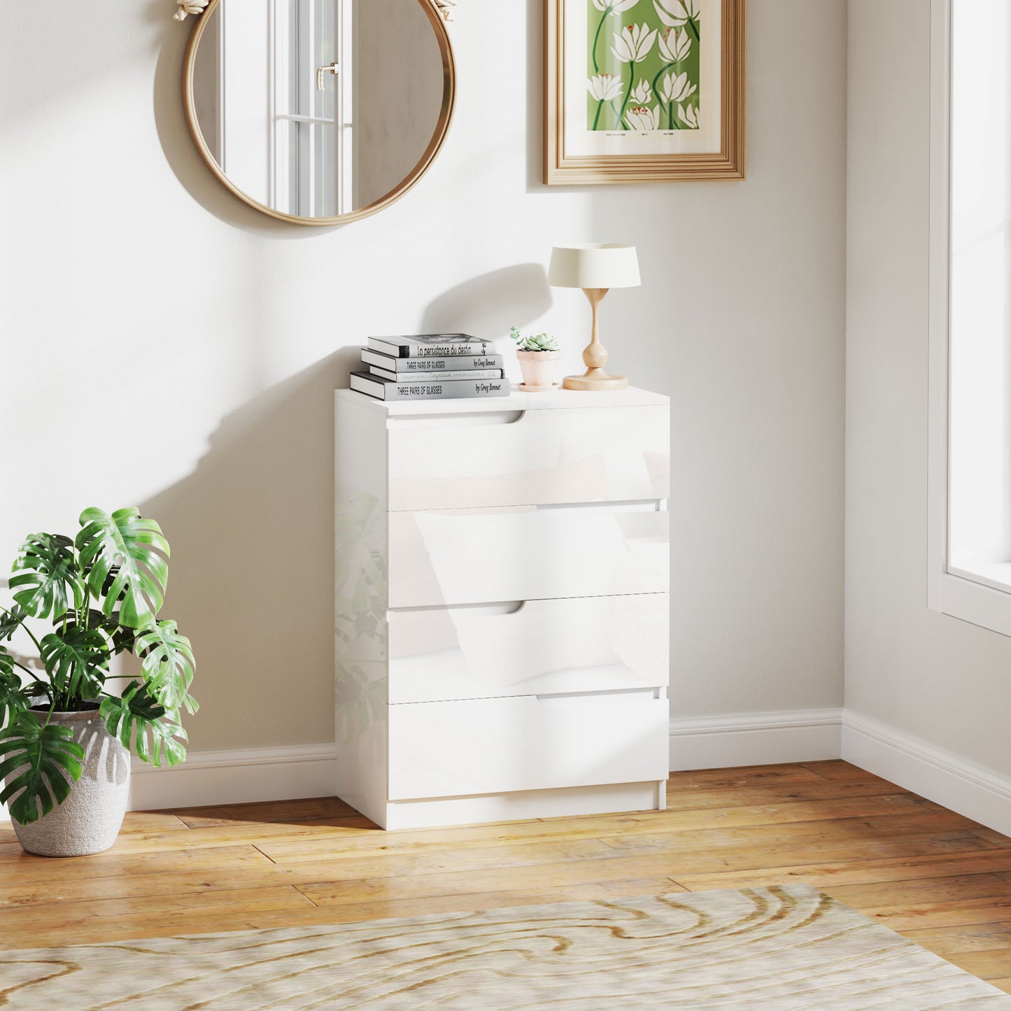 Modern and Minimal 4 Drawer Chest of Drawers in Wood, 60x40x85 cm, Glossy White