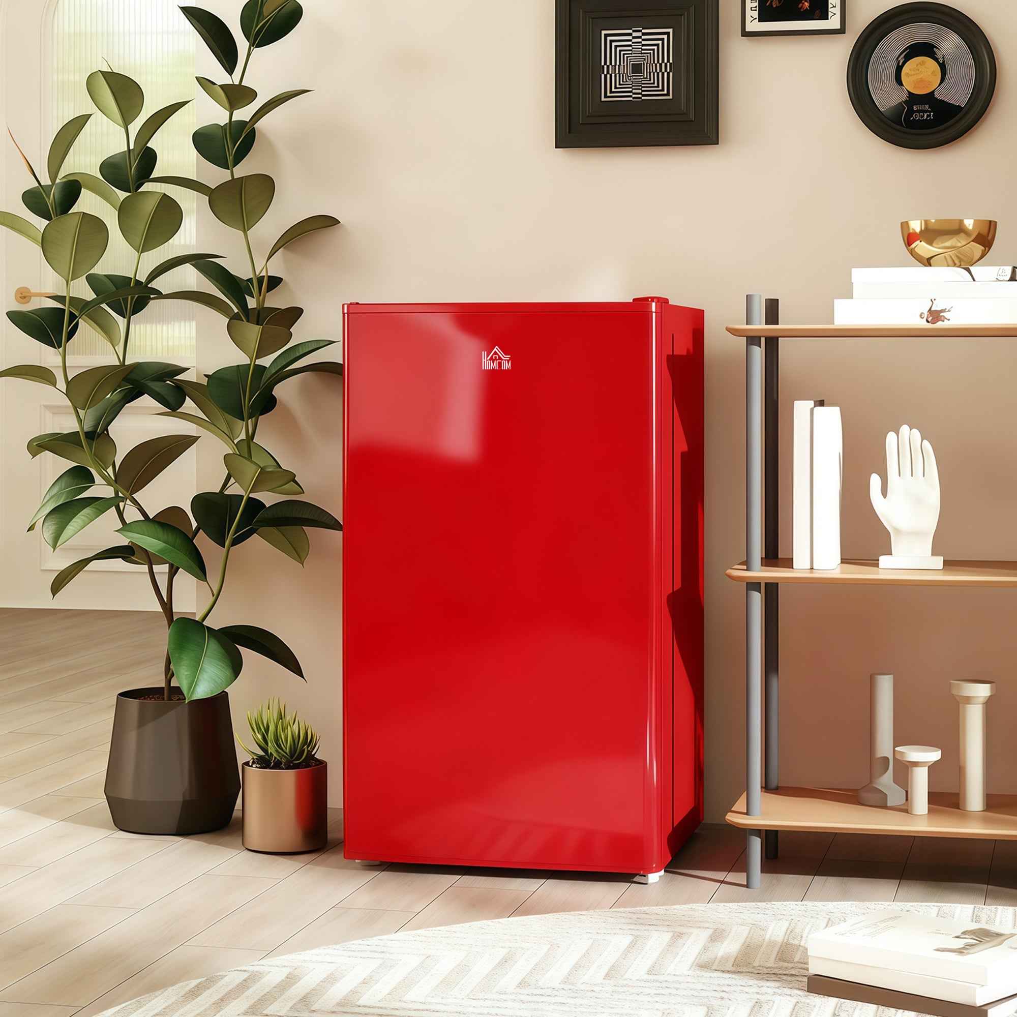 HOMCOM 91L Small Reversible Single-Door Refrigerator with Freezer and Adjustable Temperature, Red