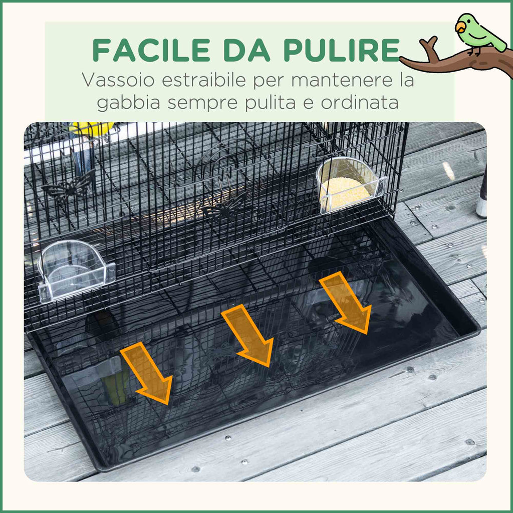 Bird Cage with 2 Perches and 3 Entrances in Metal Wire and Plastic, 60x41x41 cm, Black