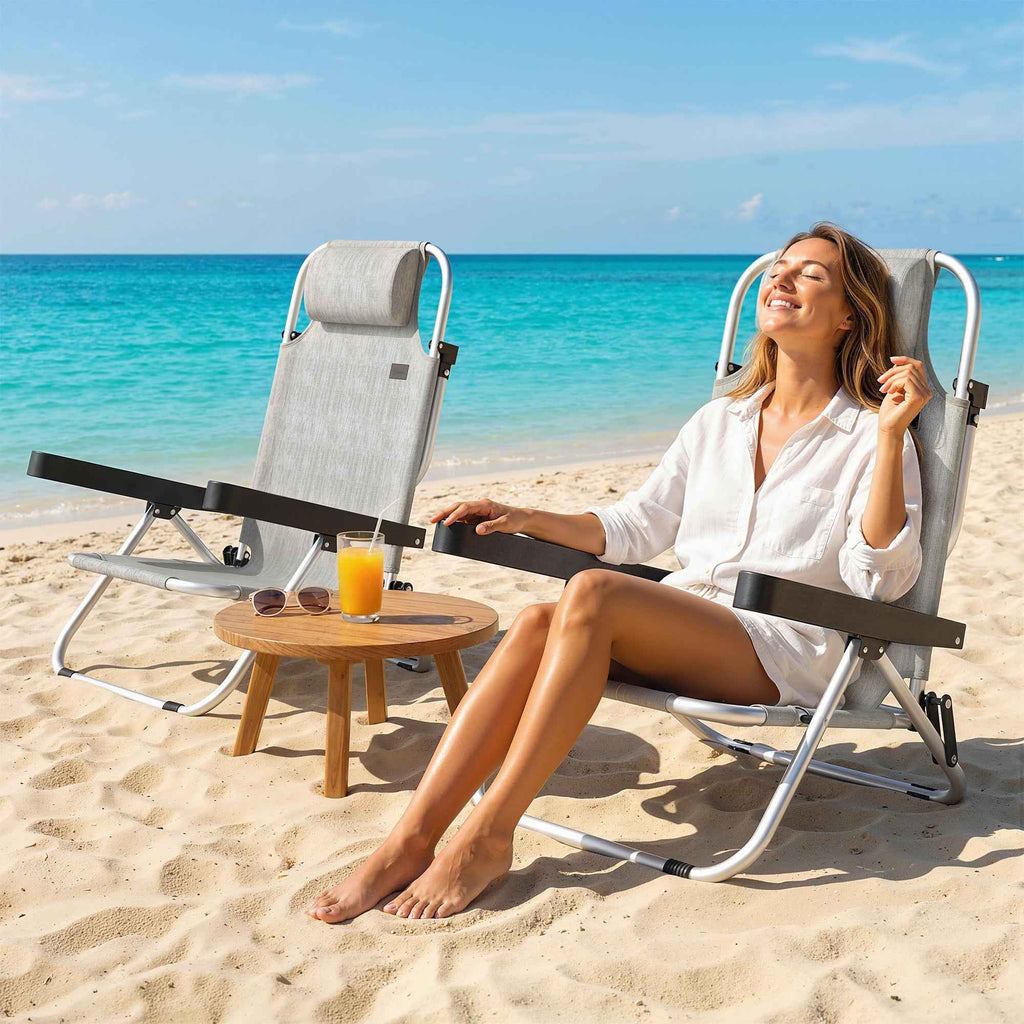 Outsunny Set of 2 Folding and Reclining 4-Position Deck Chairs with Headrest, Aluminum, 62x61x80 cm, Gray