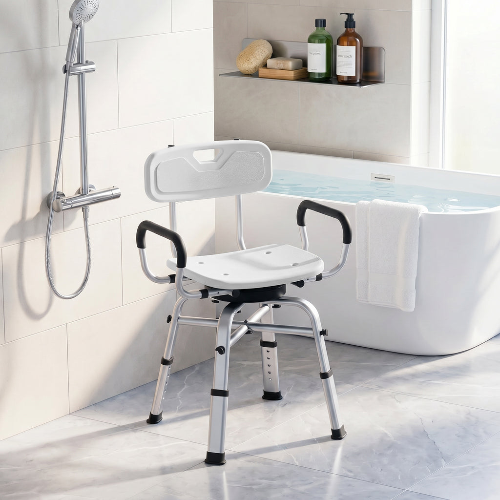 HOMCOM Height-Adjustable Swivel Shower Chair with Armrests, Backrest, 150kg Capacity, White