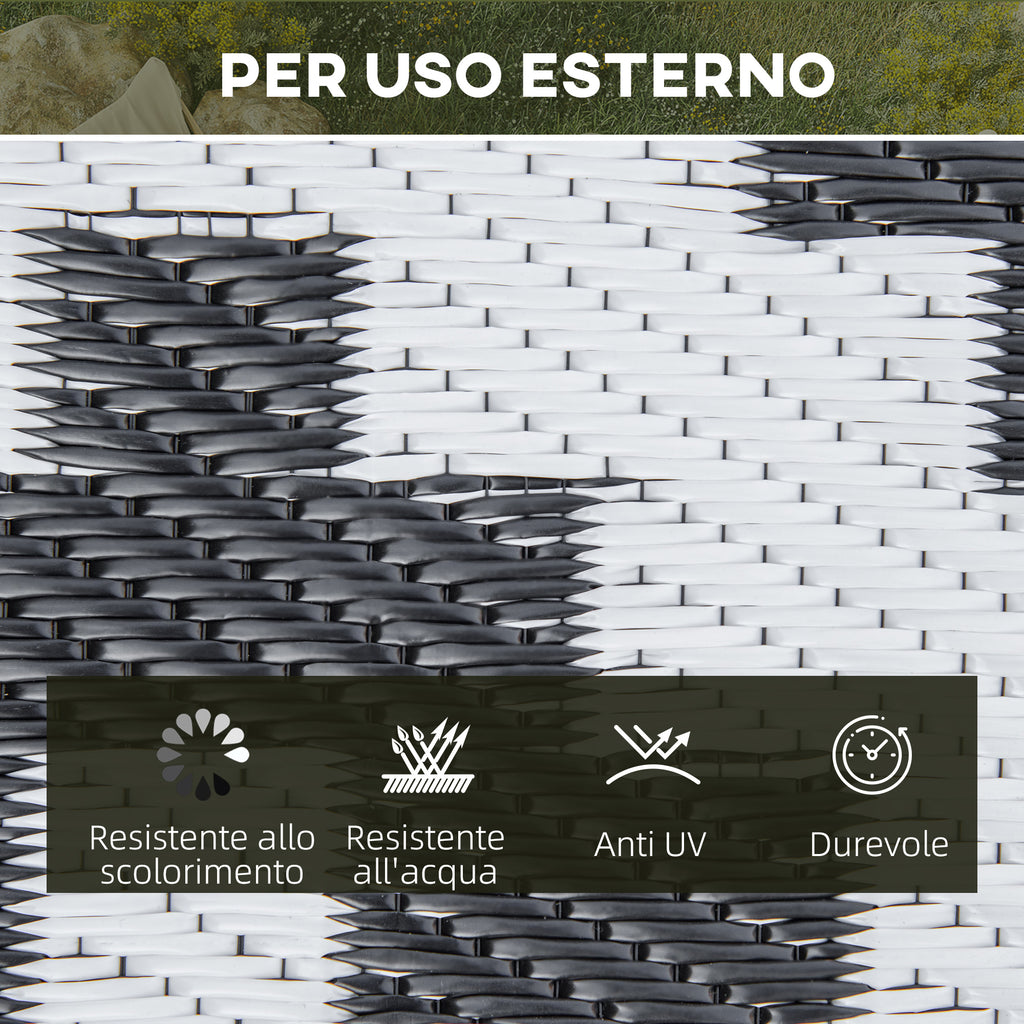 Reversible Geometric Pattern Outdoor Balcony and Terrace Rug, 2.74x1.82 m, Black and White