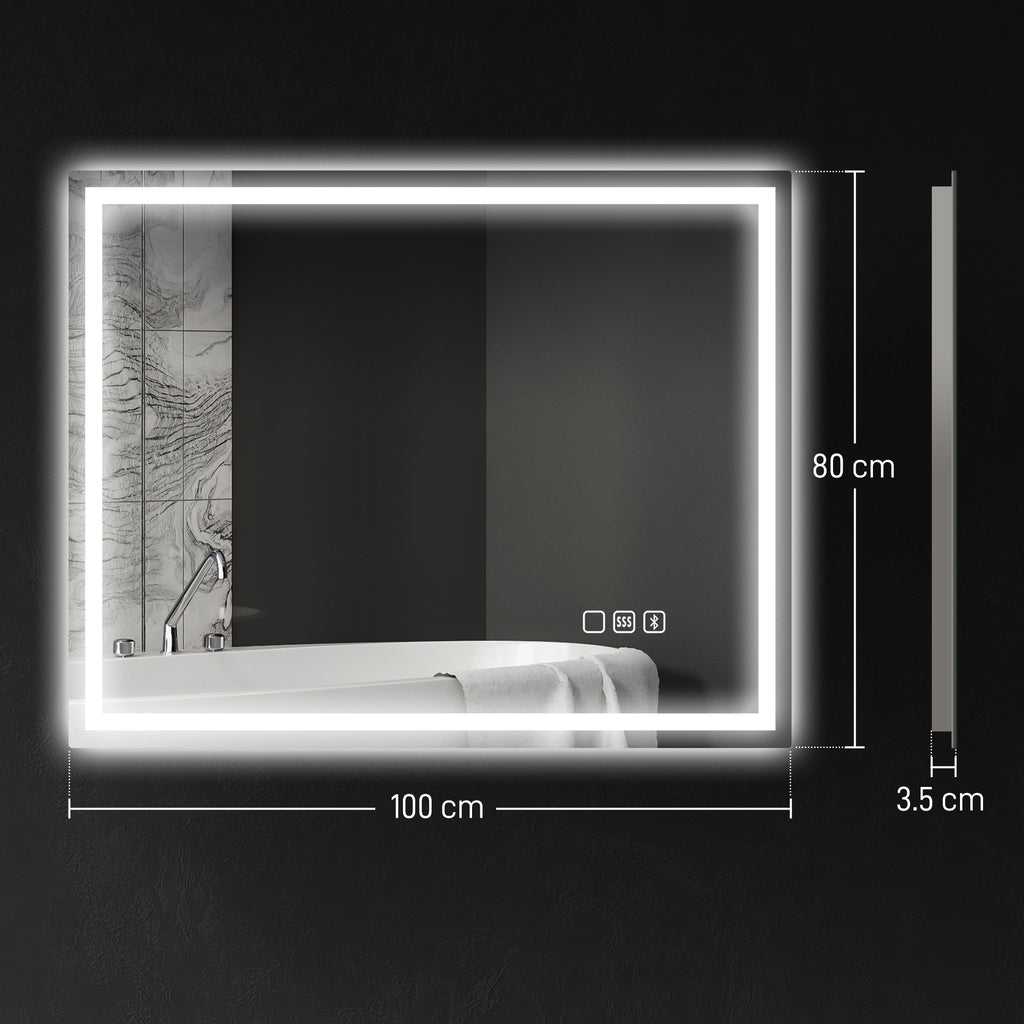 Anti-Fog Bathroom Mirror with Adjustable LED Light, Bluetooth Speaker, Touch Buttons, 80x100cm