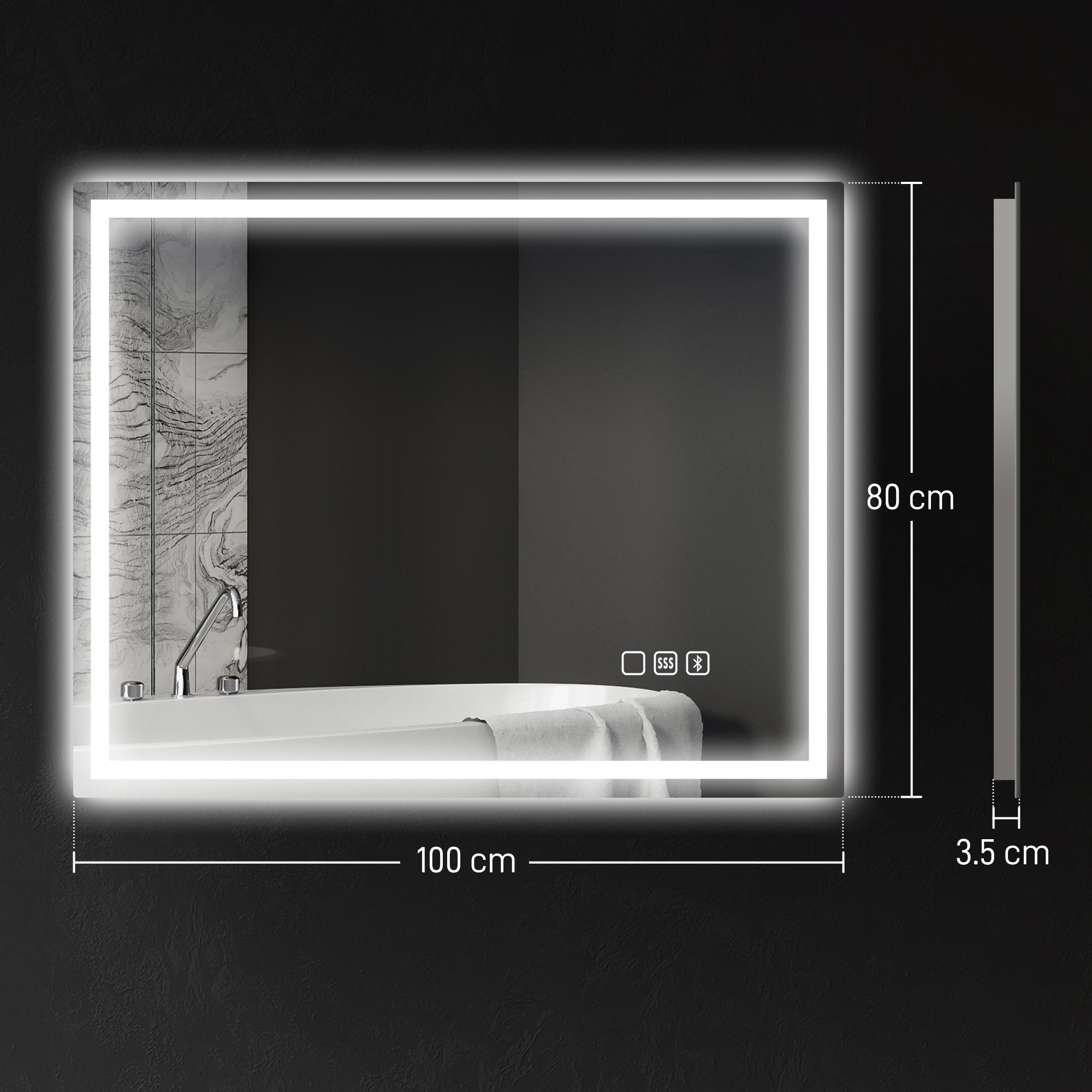 Anti-Fog Bathroom Mirror with Adjustable LED Light, Bluetooth Speaker, Touch Buttons, 80x100cm