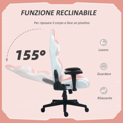 HOMCOM Gaming Chair in Faux Leather Reclining Up to 155° with Headrest and Lumbar Support, Pink - Borgè