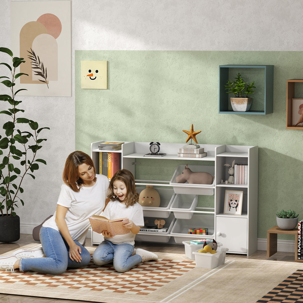 Children's Toy Storage Rack with 8 Removable Bins and Cabinets, 140x30x90 cm, White