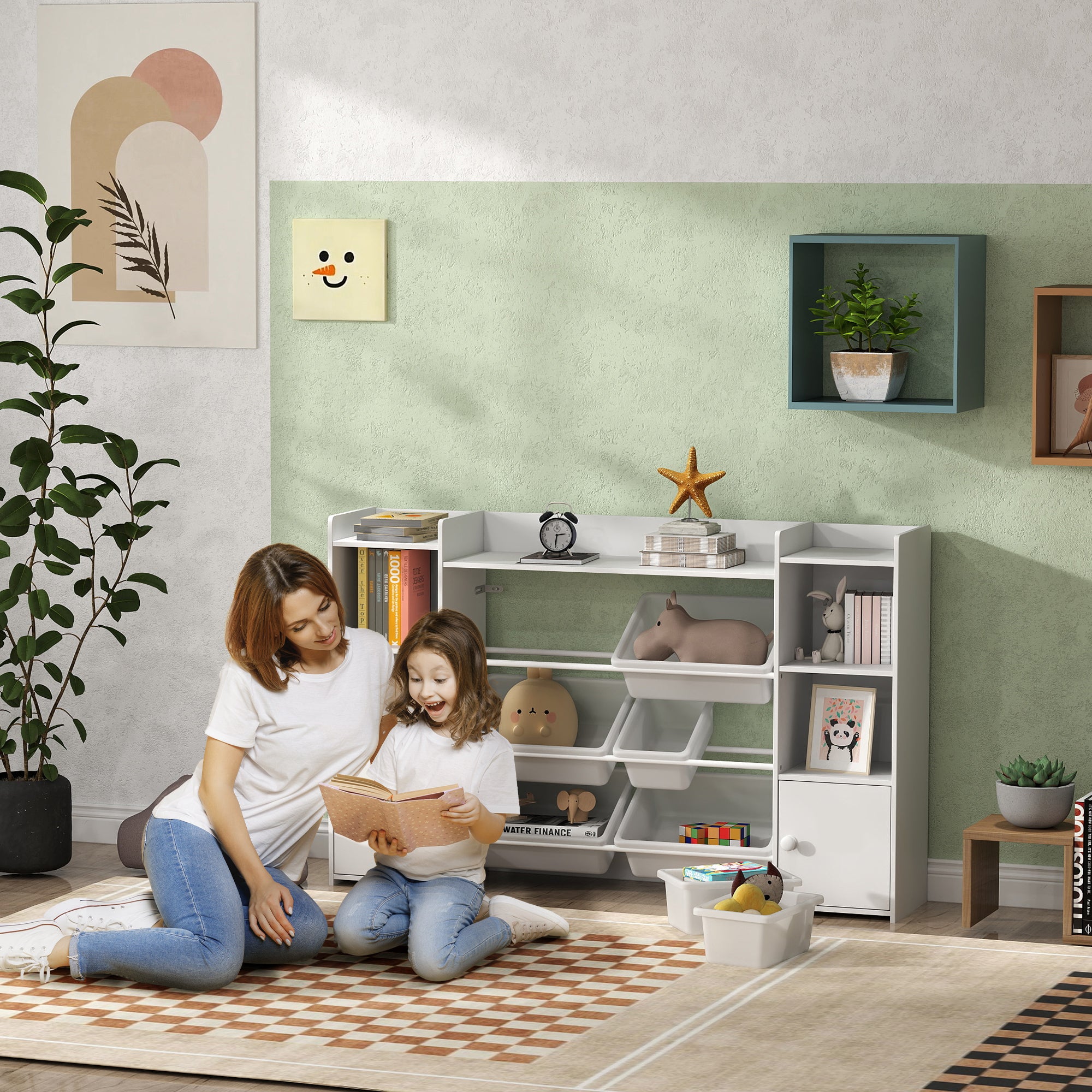 Children's Toy Storage Rack with 8 Removable Bins and Cabinets, 140x30x90 cm, White