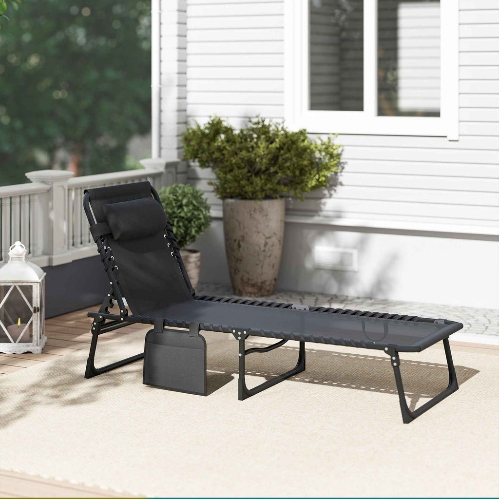 Outsunny Folding Garden Lounger with 5-Position Reclining Backrest and Cushion, 185x58x30cm, Black