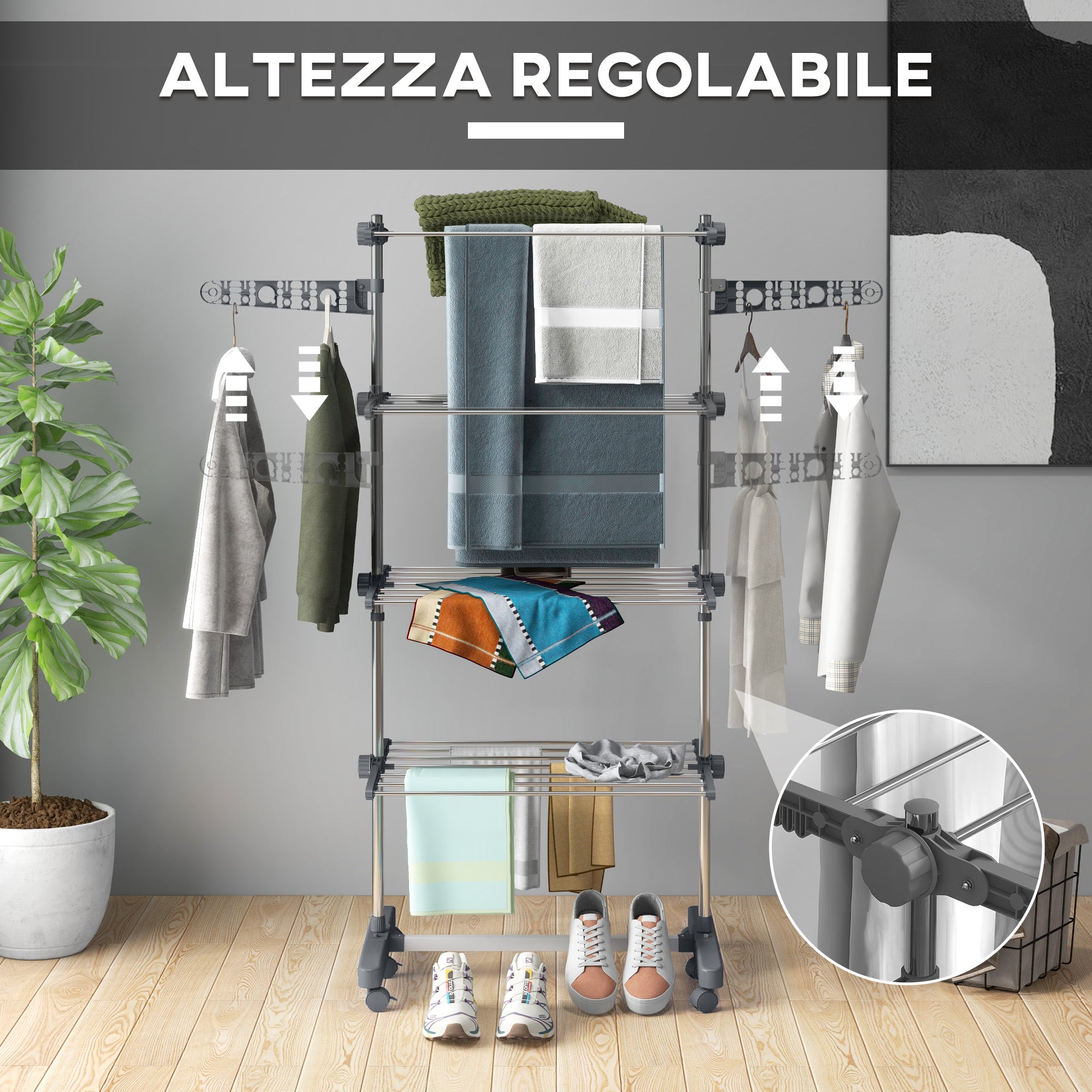 Vertical Drying Rack with 4 Adjustable Shelves, in Steel and Plastic, 142x55x172 cm, Grey and Silver