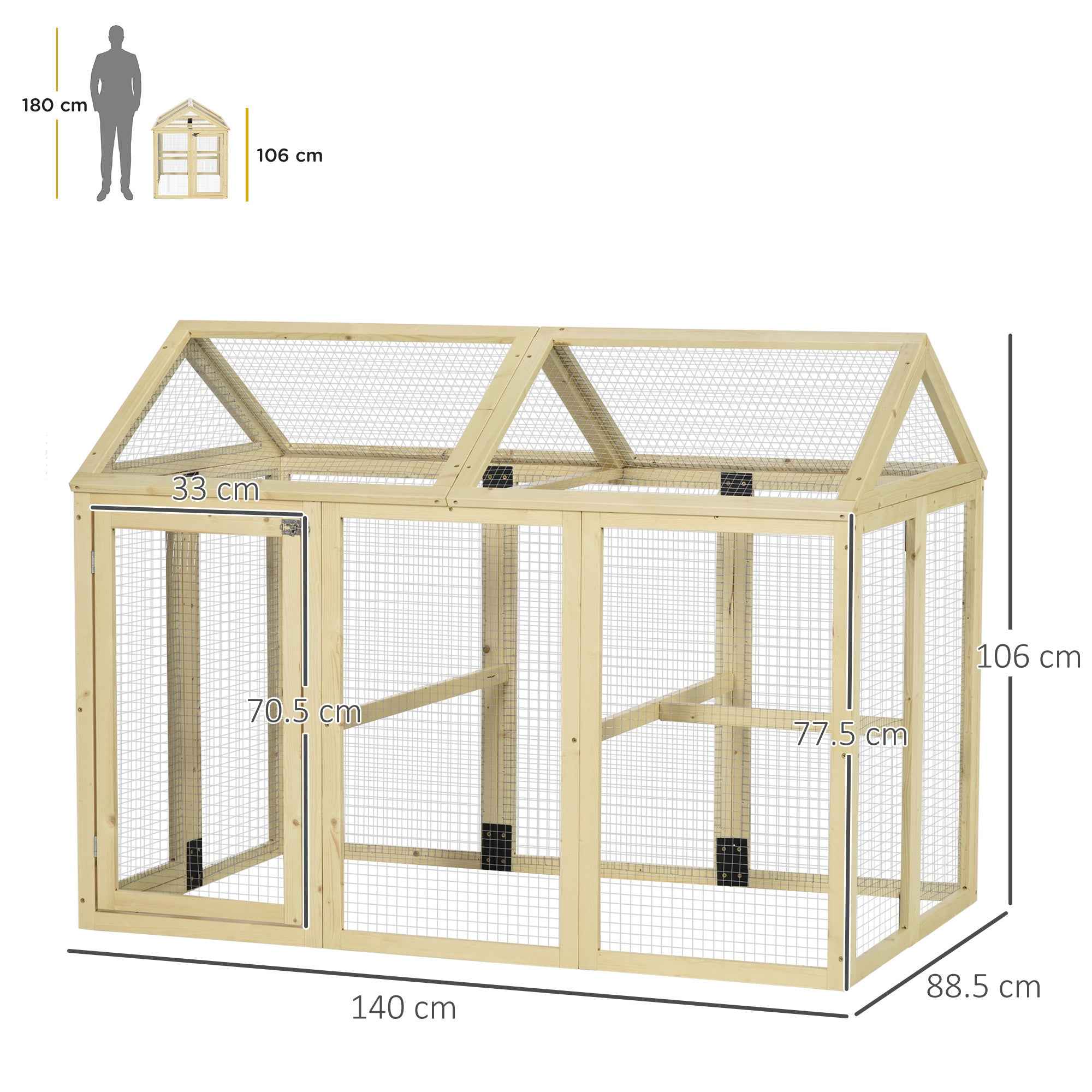 PawHut Outdoor Wooden Chicken Run with Multiple Doors and Metal Mesh, 140x88.5x106 cm, Wood Color