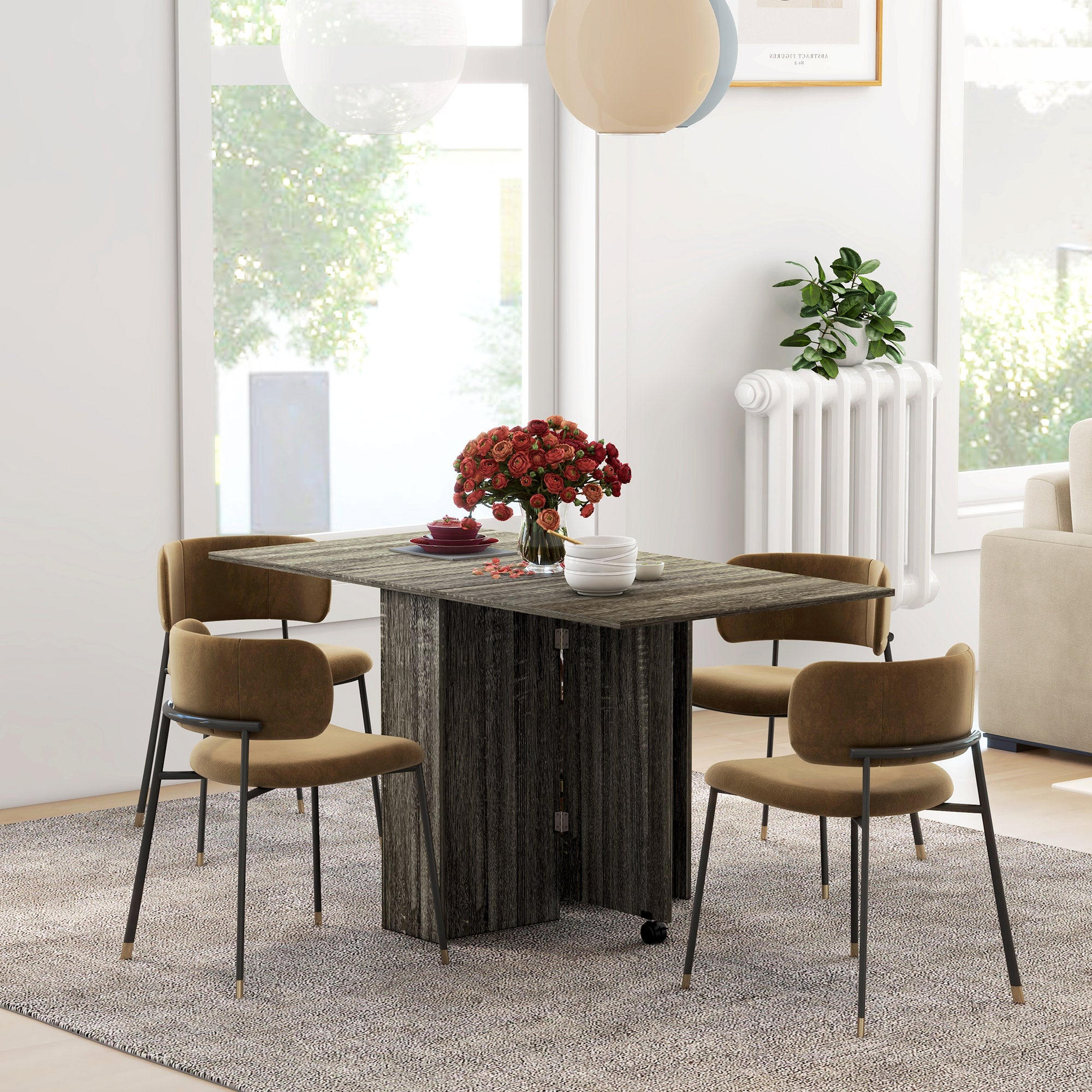 Drop-Leaf Table with 2 Lower Shelves for 6 People Max, Wooden 140x75x74 cm, Grey
