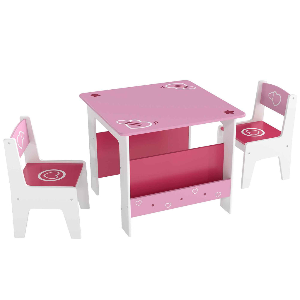 AIYAPLAY Children's Table and Chair Set for 3-8 Years Old, MDF Wooden Coffee Table with Shelf and Heart Design, Pink