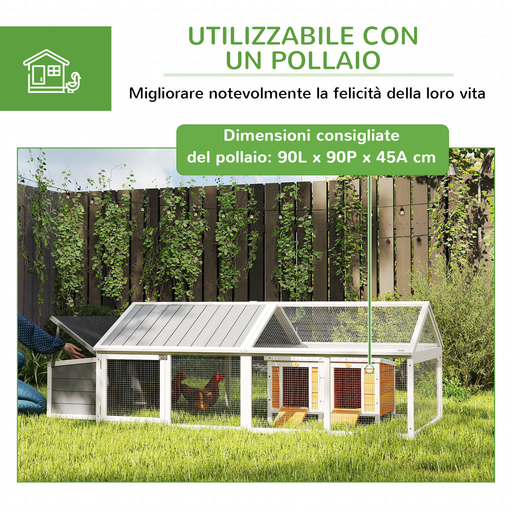 PawHut Wooden Chicken Coop for 4-8 Chickens with Wire Mesh and Opening Roof, 240x112.5x76 cm, White
