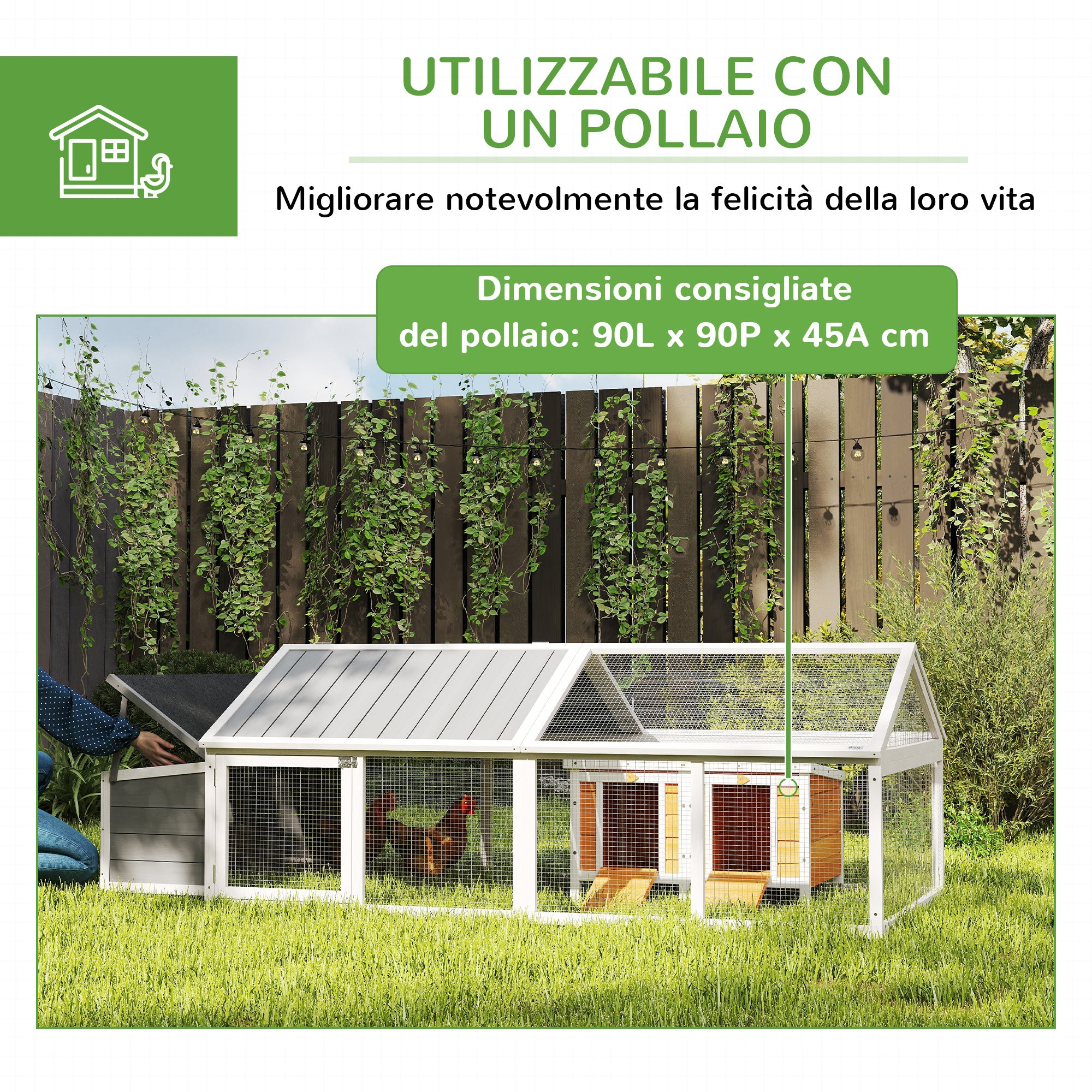 PawHut Wooden Chicken Coop for 4-8 Chickens with Wire Mesh and Opening Roof, 240x112.5x76 cm, White