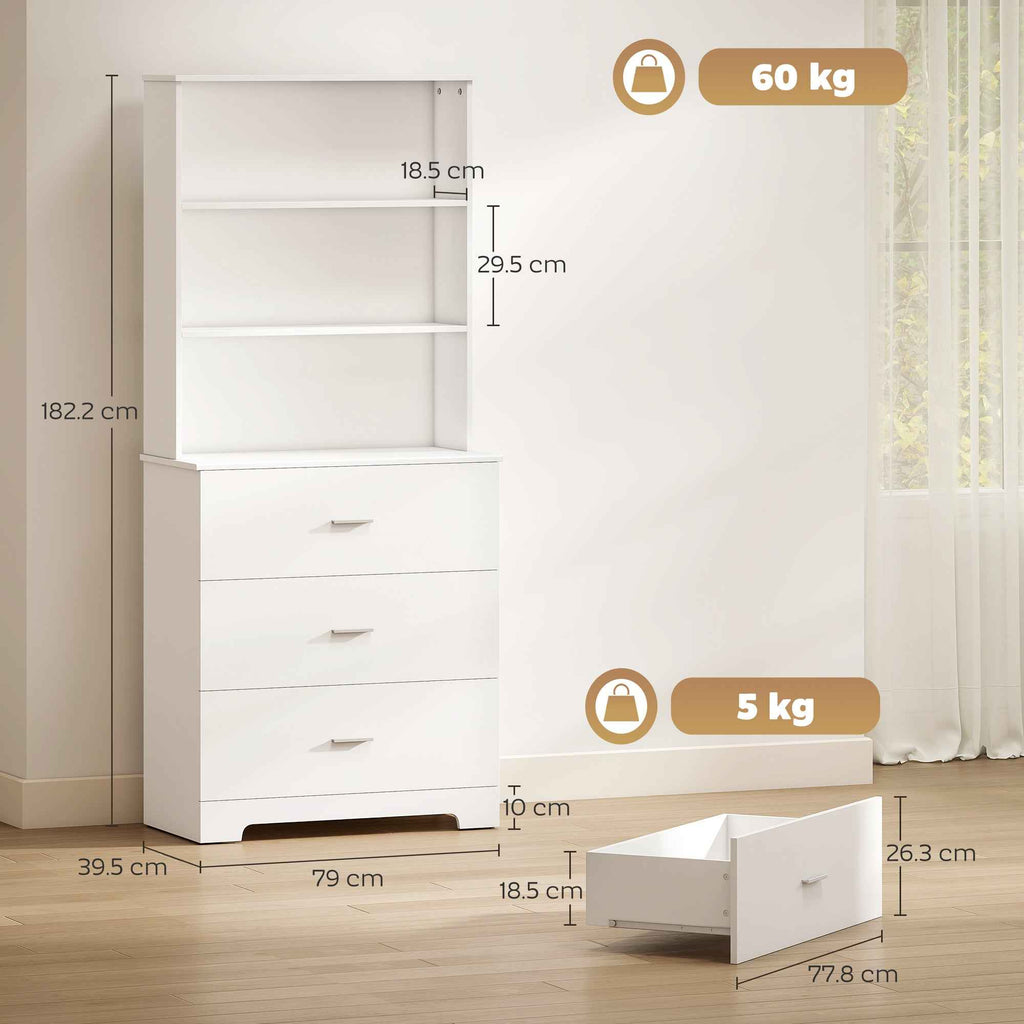 HOMCOM Wall-Mounted Bookcase with 3 Open Shelves and 3 Drawers, Wooden, 79x39.5x182.2 cm, White