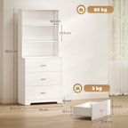 HOMCOM Wall-Mounted Bookcase with 3 Open Shelves and 3 Drawers, Wooden, 79x39.5x182.2 cm, White