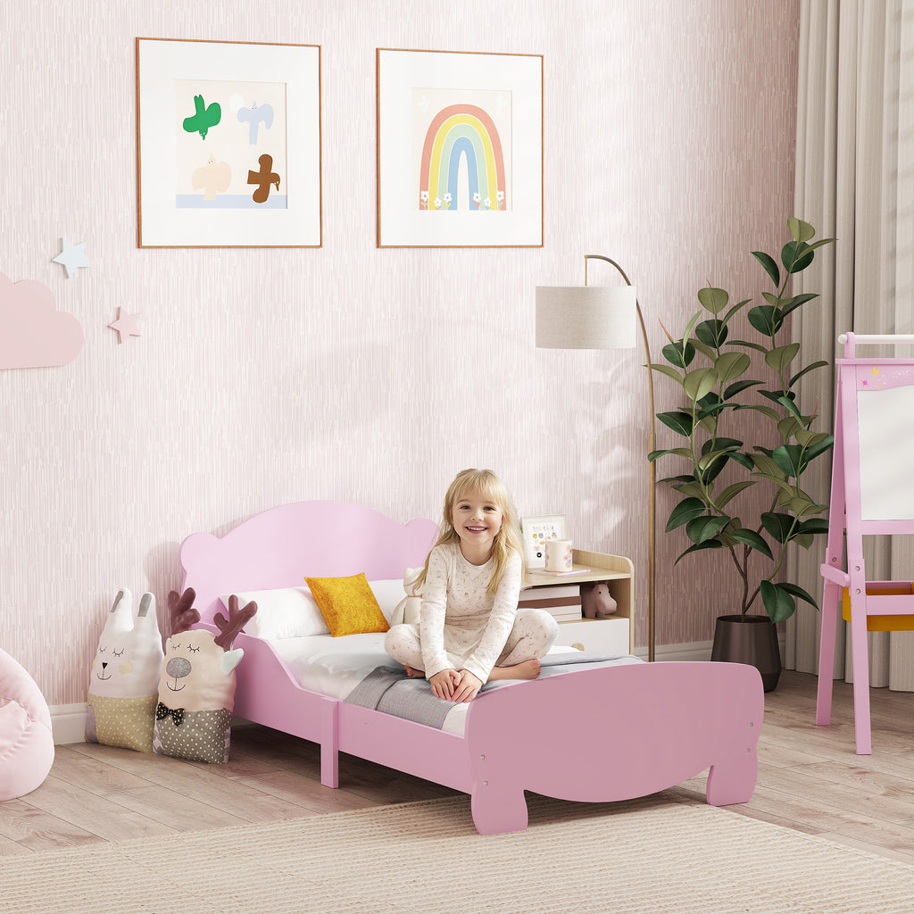 Baby Bed with Bear Headboard and Footboard and 2 Side Rails, Wooden, 143.5x80x55 cm, Pink