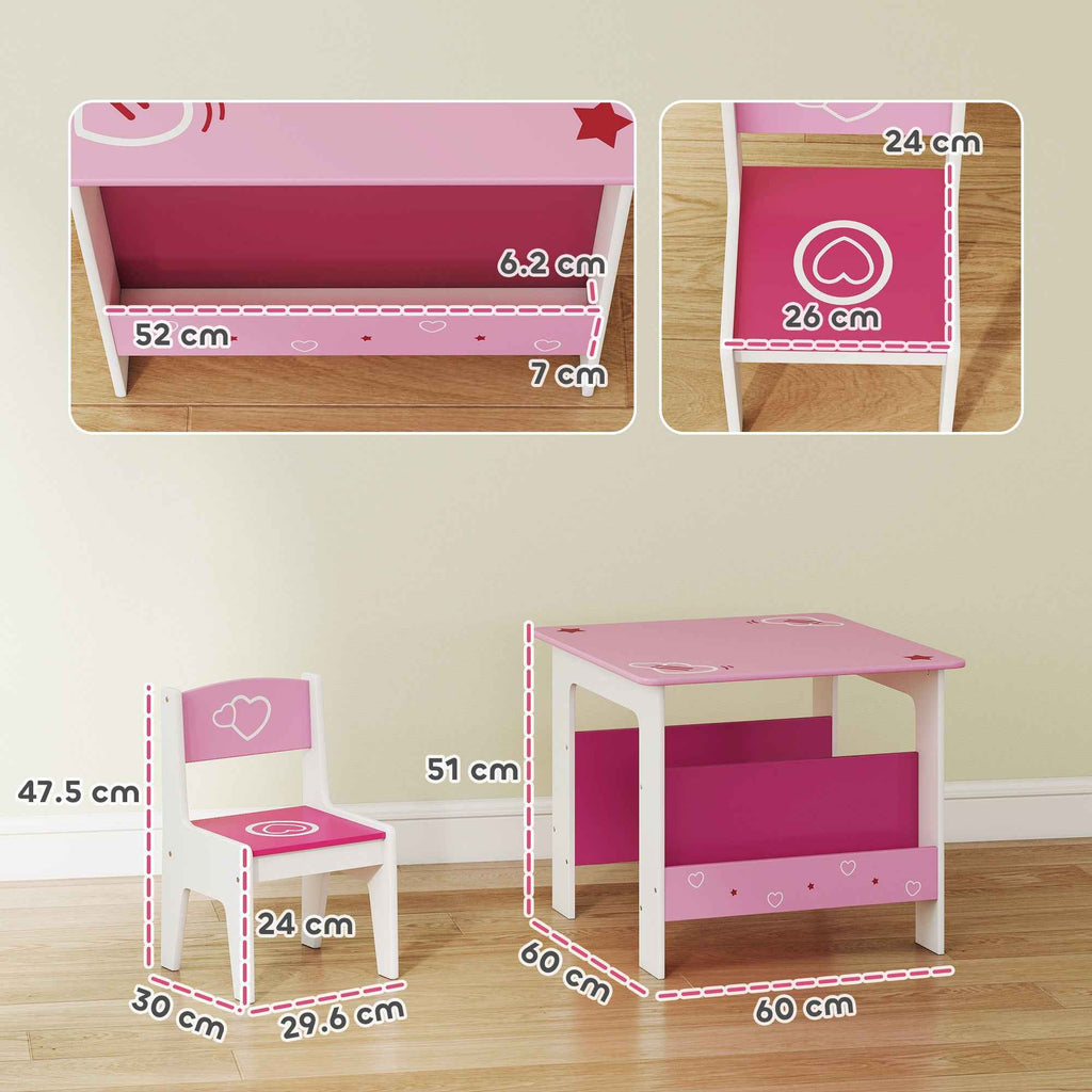 AIYAPLAY Children's Table and Chair Set for 3-8 Years Old, MDF Wooden Coffee Table with Shelf and Heart Design, Pink