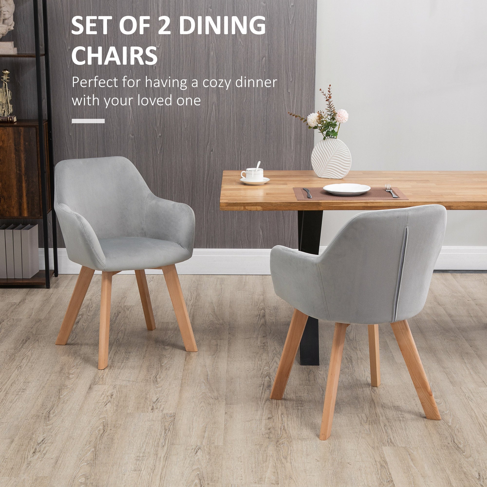 Homcom set 2 chairs for dining room padded velvet with armrests and wooden legs, gray - Borgè