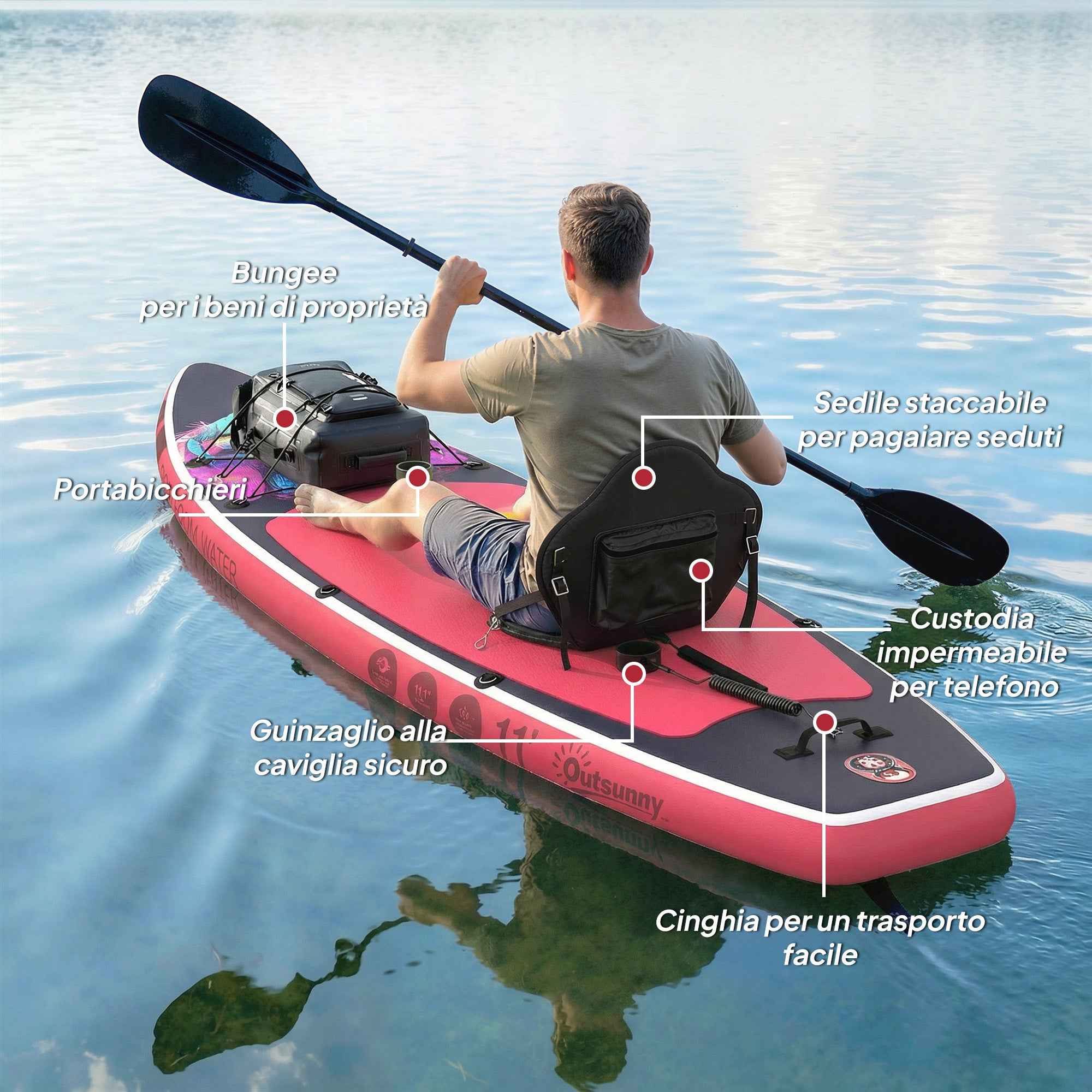 Outsunny Inflatable SUP with Seat, Paddle and Accessories, in Plastic and EVA, 335x82x15 cm, Blue and Pink