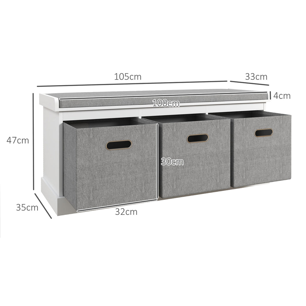 Wooden Shoe Bench with 3 Drawers and Fabric Seat for 3 Pairs of Shoes, 105x35x47 cm, White