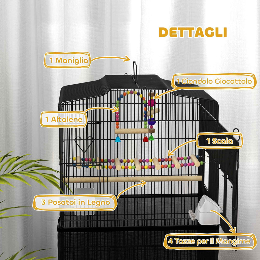PawHut Bird Cage with Handle, Removable Tray, Wooden Perches, Swing and Bowls, 46.5x35.5x92cm, Black